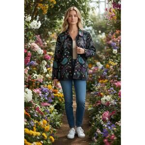 Vintage Units Woman 1X Black Embroidered Paisley Floral All Over Prints Coat